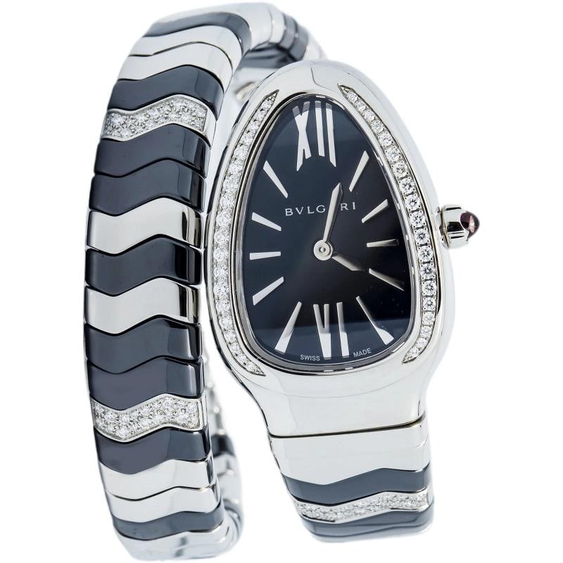 Bvlgari Serpenti 102129 2017 Complete Stainless Steel Black Ceramic Quartz 35mm Box and Papers: Condition: Pre-owned - Good: This item has been gently used but is in good condition. It might have a few signs of wear, like light scratches or tarnishing.,Brand: Bvlgari,WARRANTY: 1 Year,CONDITION D