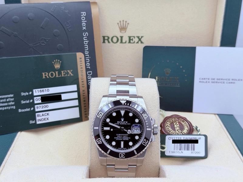 Rolex Submariner 116610 40mm Black Ceramic Steel Box Papers Service Card: Condition: Pre-owned - Excellent,Bezel Color: Black,Year Manufactured: 2010-2019,Band/Strap: Rolex Oyster,Case Color: Silver,Department: Men,Bezel Type: Unidirectional Rotating,Watch Shape: Round,Styl