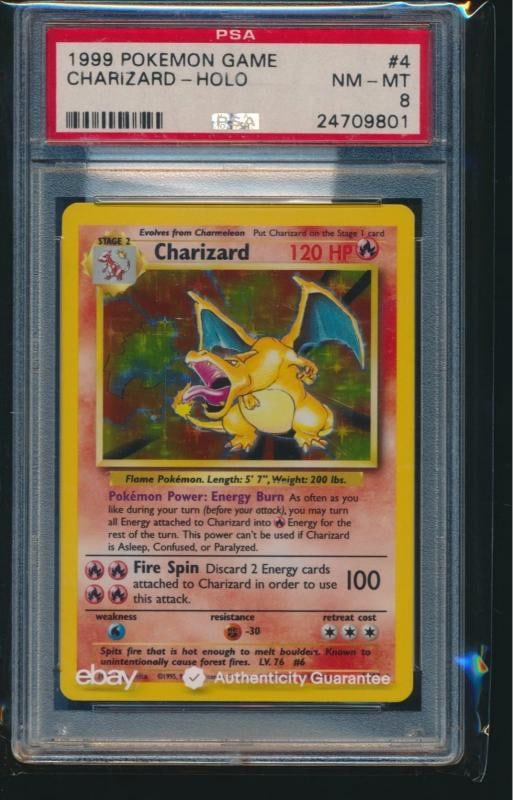 PSA 8 CHARIZARD 1999 Pokemon Base Unlimited #4/102 Holo Non-Shadowless NM-MINT: Condition: Graded - PSA 8: Professionally graded ,Card Size: Standard,Set: Base Set,Attack #1: [R][R][R][R] Fire Spin (100),HP: 120,Year Manufactured: 1999,Retreat Cost: CCC,Language: English,Card Nam