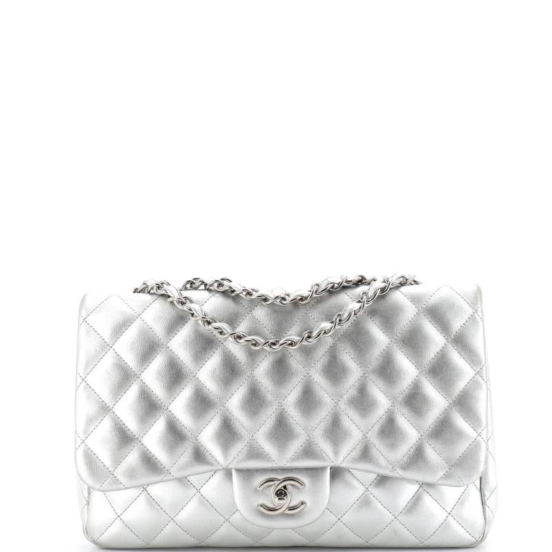 Chanel Classic Single Flap Bag Quilted Lambskin Jumbo: Condition: Pre-owned - Good,Brand: Chanel,Exterior Material: Leather,Style: Shoulder Bags,Exterior Color: Silver,Department: Women,Size: Jumbo,Accessories: Dust Bag