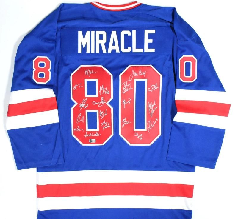 1980 Miracle on Ice Team USA Signed Blue Pro Style Jersey 18 Sigs Beckett LOA: Player: Jim Craig, Jack OÃ¢â‚¬â„¢Callahan, Bill Baker, Dave Christian, Steve Chr,Product: Jersey,Original/Reprint: Original,Team: 1980 Team USA,Country of Ori