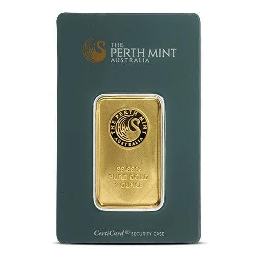 1 oz Perth Mint Gold Bar (Classic Assay): Brand/Mint: Perth Mint,Certification: Assay Card,Precious Metal Content per Unit: 1.00000,Fineness: 0.9999,Composition: Gold,Shape: Bar,Country of Origin: Australia
