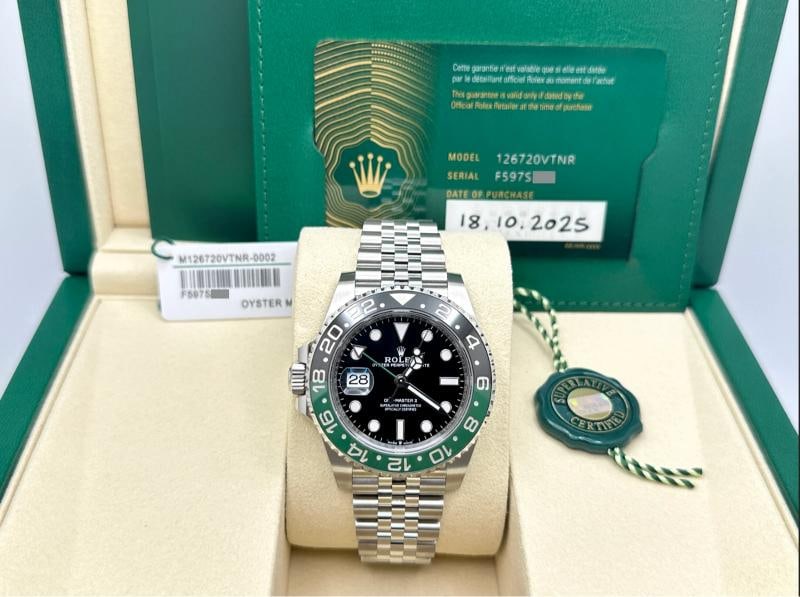 2025 Rolex GMT Master II Sprite 126720VTNR Black and Green Bezel Steel Box Paper: Condition: Pre-owned - Excellent,Bezel Color: Black, Green,Year Manufactured: 2025,Band/Strap: Rolex Jubilee,Case Color: Silver,Department: Men,Watch Shape: Round,Style: Casual, Classic, Dress/Formal,