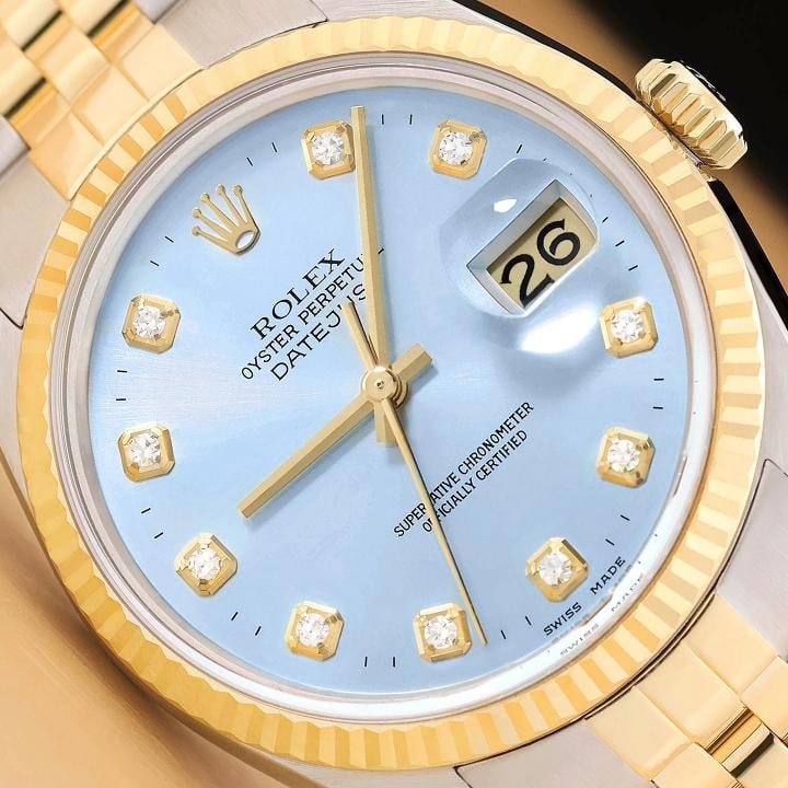 ROLEX MENS DATEJUST 16013 ICE BLUE DIAMOND DIAL 18K YELLOW GOLD STEEL WATCH: Condition: Pre-owned - Excellent,Bezel Color: Gold,Max Wrist Size: 7.26-7.5 in,Number of Jewels: 27 Jewels,Indices: Diamond Markers, 12-Hour Dial,Bezel: Rolex 18K Yellow Gold Fluted Bezel,Band/Strap: 