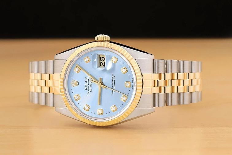 ROLEX MENS DATEJUST 16013 ICE BLUE DIAMOND DIAL 18K YELLOW GOLD STEEL WATCH - 3