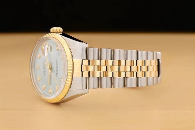 ROLEX MENS DATEJUST 16013 ICE BLUE DIAMOND DIAL 18K YELLOW GOLD STEEL WATCH - 4