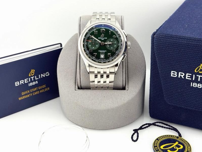 Breitling Premier B01 Chronograph AB0145 42mm Green Dial Steel Box Booklet: Condition: Pre-owned - Excellent,Bezel Color: Silver,Year Manufactured: 2020-Now,Band/Strap: Bracelet,Case Color: Silver,Department: Men,Caseback: Exhibition,Watch Shape: Round,Style: Dress/Formal,