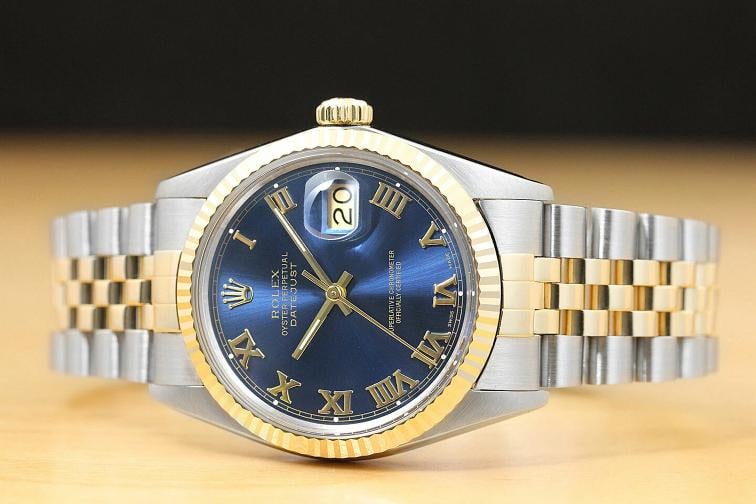 ROLEX MENS DATEJUST 16013 TWO-TONE BLUE ROMAN DIAL QUICKSET WATCH w/ ROLEX BAND - 3