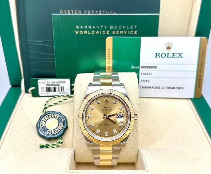 2015 Rolex Datejust II 116333 41mm Champagne Diamond 18K Gold Steel Box Paper: Condition: Pre-owned - Excellent,Bezel Color: Gold, Yellow,Indices: Diamond Markers,Year Manufactured: 2010-2019,Band/Strap: Rolex Oyster,Case Color: Silver,Department: Men,Bezel Type: Fluted,Watch