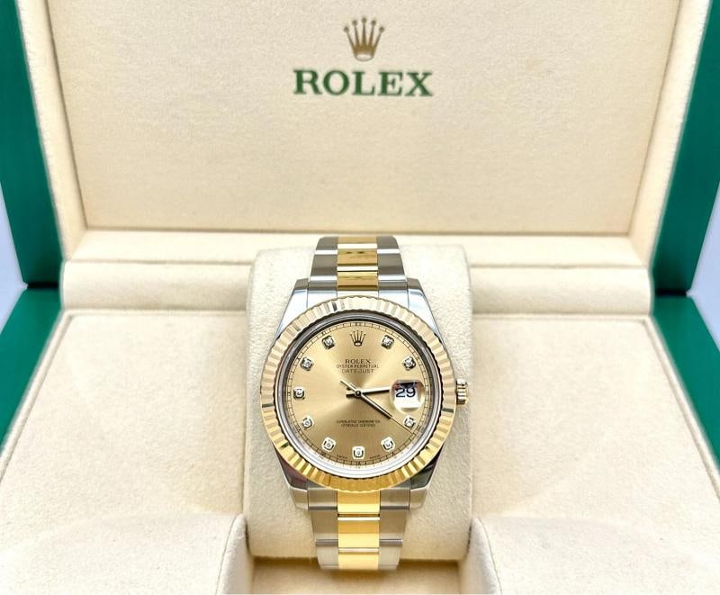 2015 Rolex Datejust II 116333 41mm Champagne Diamond 18K Gold Steel Box Paper - 3
