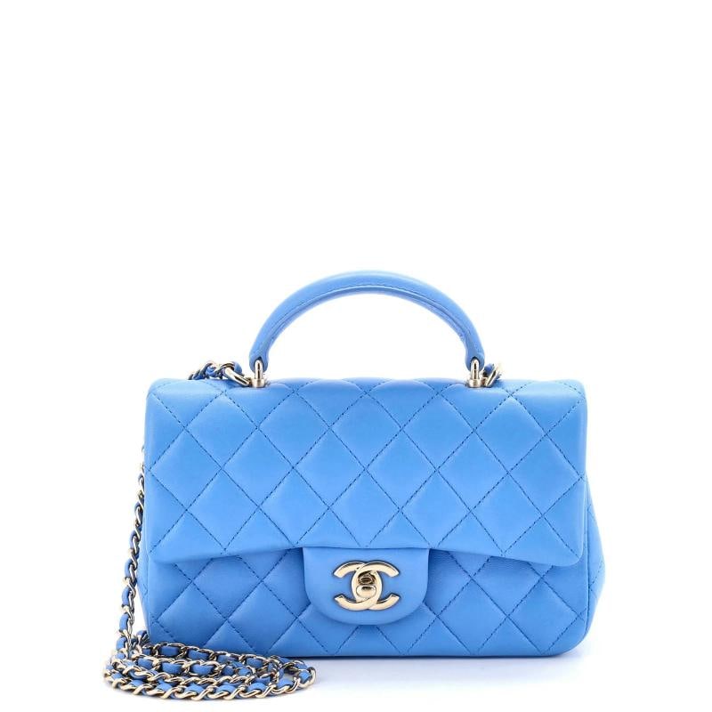 Chanel Classic Single Flap Top Handle Bag Quilted Lambskin Mini: Condition: Pre-owned - Good,Brand: Chanel,Exterior Material: Leather,Style: Shoulder Bags,Exterior Color: Blue,Department: Women,Size: Mini