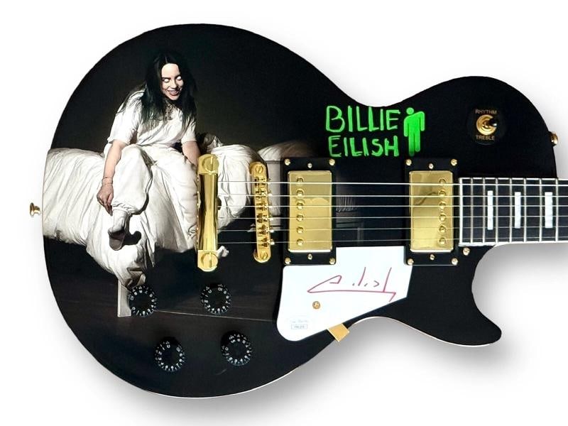 Billie Eilish Signed Guitar Custom Graphics JSA COA Bad Guy Lunch: Industry: Music,Signed: Yes,Autograph Authentication: James Spence (JSA),Object Type: Guitar & Guitar Pick,Original/Reproduction: Original,Country of Origin: United States