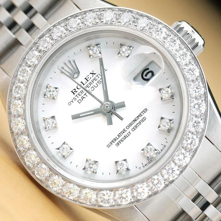 LADIES ROLEX DATEJUST 69174 WHITE FACTORY DIAMOND 1.1 CT BEZEL 18K GOLD SS WATCH: Condition: Pre-owned - Excellent,Bezel Color: Silver,Max Wrist Size: 6.26-6.75 in,Number of Jewels: 29 Jewels,Indices: Diamond Markers,Band: Rolex Stainless Steel Jubilee Bracelet,Bezel: Custom 18K Wh