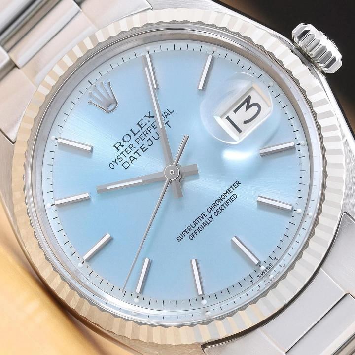 ROLEX DATEJUST 1601 18K WHITE GOLD ICE BLUE DIAL STAINLESS STEEL OYSTER WATCH: Condition: Pre-owned - Excellent,Brand: Rolex,Department: Men's,Dial: Rolex Stick Dial Ref.,Bezel: Rolex 18K White Gold Fluted Bezel,Features: 12-Hour Dial, Acrylic Crystal, Chronometer, Screwdown Cro