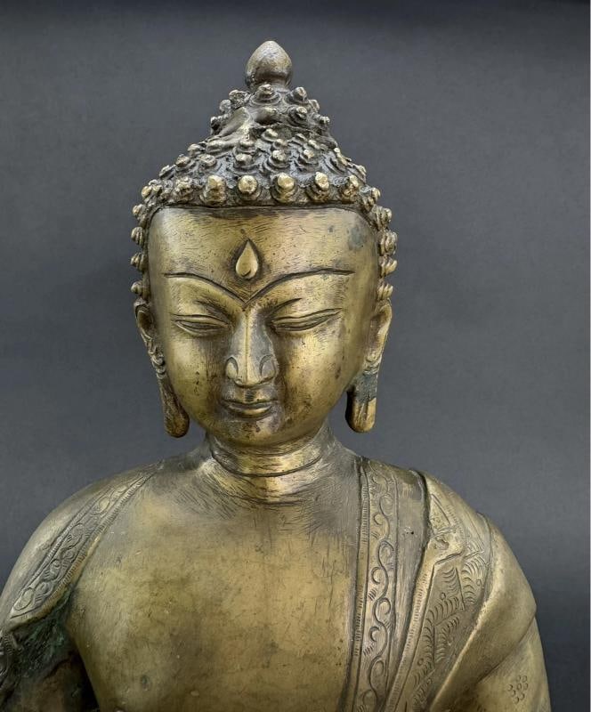 Antique Tibet Bronze Shakyamuni Buddha Lotus Seated Statue 15" Tall - 2