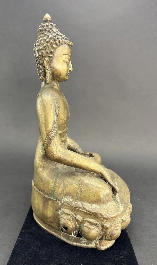 Antique Tibet Bronze Shakyamuni Buddha Lotus Seated Statue 15" Tall - 3