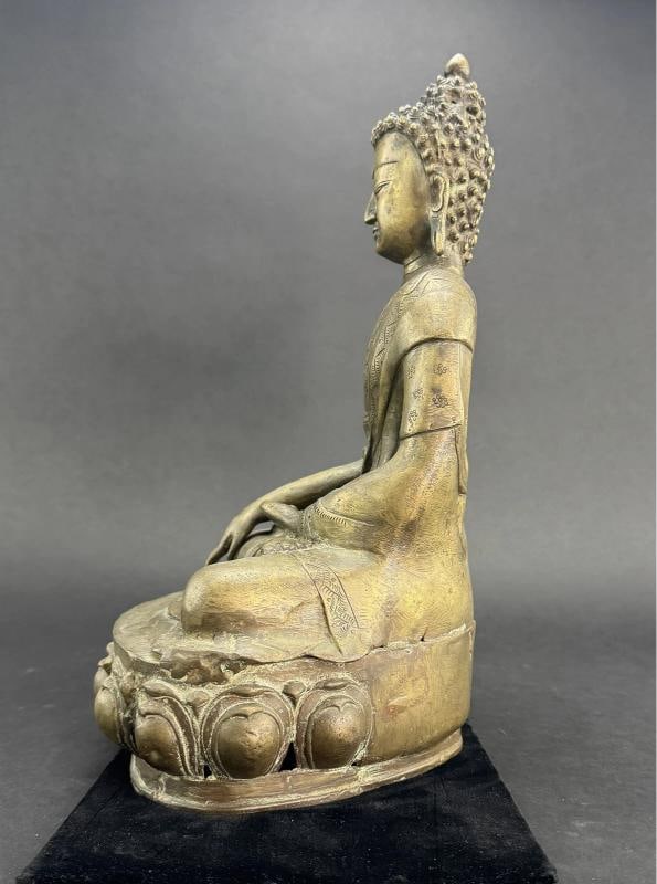 Antique Tibet Bronze Shakyamuni Buddha Lotus Seated Statue 15" Tall - 5