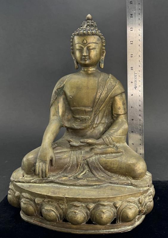 Antique Tibet Bronze Shakyamuni Buddha Lotus Seated Statue 15" Tall - 8