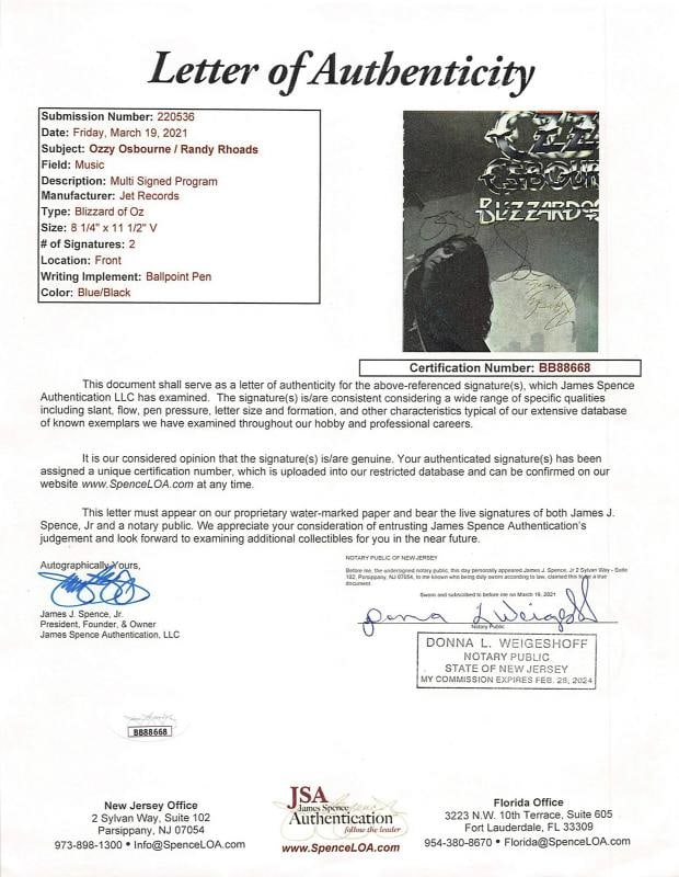Ozzy Osbourne & Randy Rhoads Signed Blizzard Of Ozz Program JSA - 4