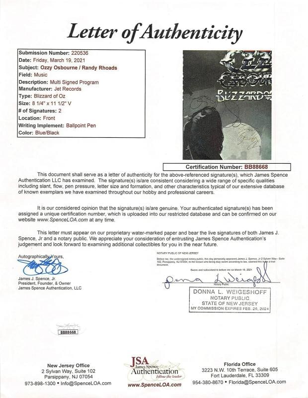 Ozzy Osbourne & Randy Rhoads Signed Blizzard Of Ozz Program JSA - 9