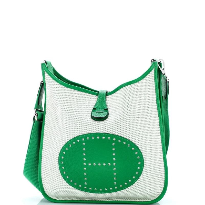 Hermes Evelyne Bag Gen III Toile and Leather PM: Condition: Pre-owned - Excellent,Brand: Hermes,Exterior Material: Leather, Canvas Plain,Style: Cross Body Bags,Exterior Color: Green,Department: Women,Size: Pm,Accessories: With Strap Condition: Great