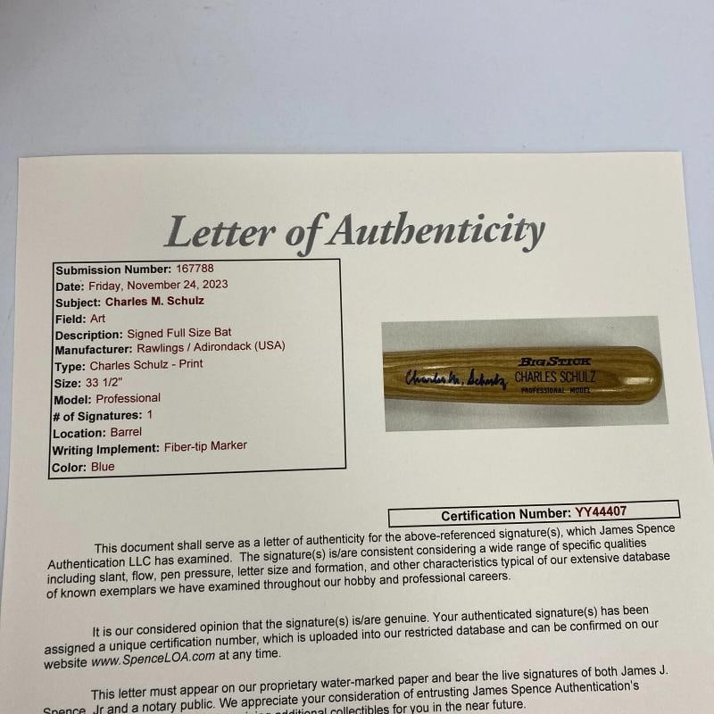 Charles M. Schulz Peanuts Signed Game Model Baseball Bat With JSA COA RARE - 5
