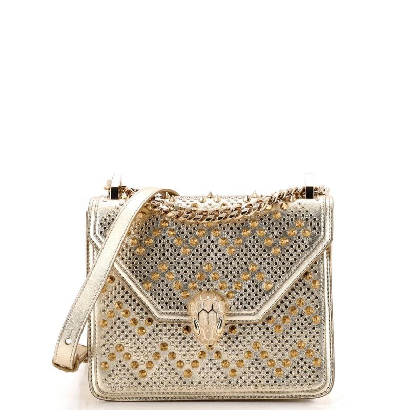 Bvlgari Serpenti Forever Square Shoulder Bag Full Studded Leather Small: Condition: Pre-owned - Good,Brand: Bvlgari,Exterior Material: Leather,Style: Shoulder Bags,Exterior Color: Gold,Department: Women,Size: Small,Accessories: Dust Bag, Mirror Estimated Retail Price: $2,8