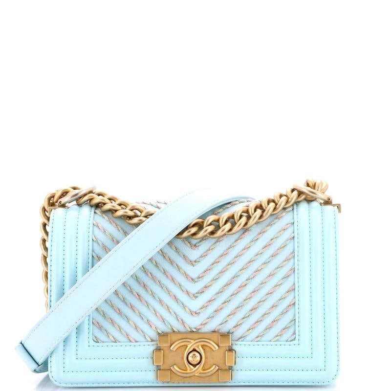 Chanel By The Sea Boy Flap Bag Chevron Embroidered Calfskin Small: Condition: Pre-owned - Good,Brand: Chanel,Exterior Material: Leather,Style: Shoulder Bags,Exterior Color: Blue,Department: Women,Size: Small,Accessories: Authenticity Card