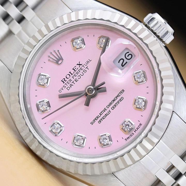 ROLEX LADIES DATEJUST 69174 PINK DIAMOND DIAL 18K WHITE GOLD STEEL JUBILEE WATCH: Condition: Pre-owned - Excellent,Bezel Color: Silver,Max Wrist Size: 6.26-6.75 in,Number of Jewels: 29 Jewels,Indices: Diamond Markers, 12-Hour Dial,Band: Custom Stainless Steel Jubilee Bracelet (Upgr