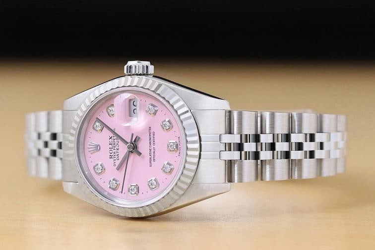 ROLEX LADIES DATEJUST 69174 PINK DIAMOND DIAL 18K WHITE GOLD STEEL JUBILEE WATCH - 2
