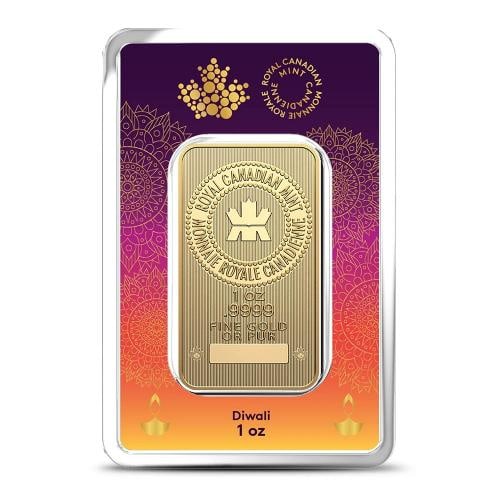 1 oz (RCM) Royal Canadian Mint Diwali Gold Bar (New w/ Assay): Brand/Mint: Royal Canadian Mint,Certification: Assay Card,Precious Metal Content per Unit: 1.00000,Fineness: 0.9999,Composition: Gold,Shape: Bar,Country of Origin: Canada