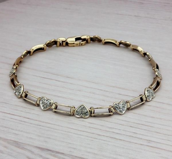 Diamond Heart Link Bracelet In 10k 2Tone Yellow & White Gold. - 2