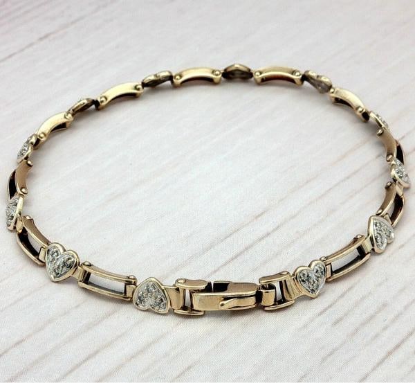 Diamond Heart Link Bracelet In 10k 2Tone Yellow & White Gold. - 3