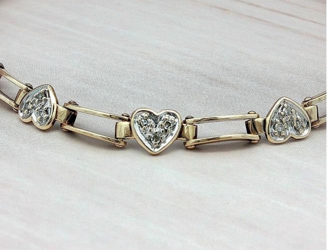 Diamond Heart Link Bracelet In 10k 2Tone Yellow & White Gold. - 4