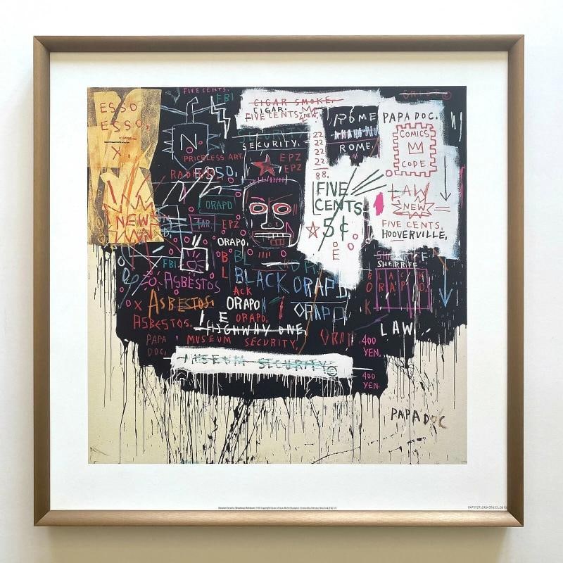 JEAN MICHEL BASQUIAT FRAMED LITHOGRAPH PRINT " MUSEUM SECURITY " 1983: Condition: Used,Artist: Jean-Michel Basquiat,Unit of Sale: Single-Piece Work,Art: Print,Size: Medium (up to 36in.),Color: Multi-Color,Date of Creation: 2000-Now,Material: Lithograph,Subject: Famous Pa