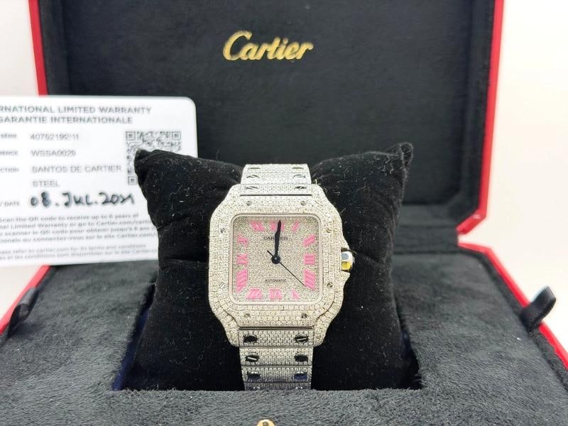 Cartier Santos Medium WSSA0029 35mm Diamond Case Bezel Iced Out Box Paper: Condition: Pre-owned - Good,Movement: Mechanical (Automatic),Seller Warranty: Yes,Dial Pattern: Diamond Pattern,Indices: Roman Numerals,Year Manufactured: 2020-Now,With Papers: Yes,Band/Strap: Bracele