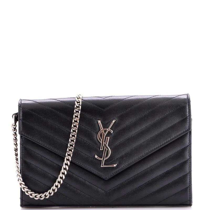 Saint Laurent Classic Monogram Wallet on Chain Matelasse Chevron Leather Medium: Accessories: With Strap Measurements: Handle Drop 19", Height 6", Width 9", Depth 1.5", Strap Drop 18" . Condition: Pre-owned - Excellent,Brand: Saint Laurent,Exterior Material: Leather,Style: Cross