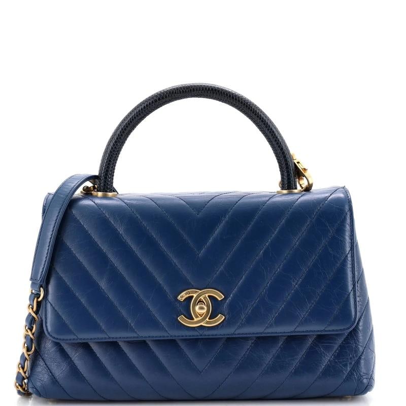 Chanel Coco Top Handle Bag Chevron Calfskin with Lizard Small: Accessories: Authenticity Card, With Strap Measurements: Handle Drop 4.5", Height 7", Width 11", Depth 4.5", Strap Drop 18" . Condition: Pre-owned - Excellent,Brand: Chanel,Exterior Material: Leather,