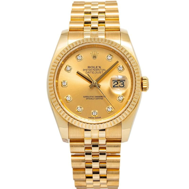 Rolex Datejust 116238 2014 Card Jubilee 18k YG Champagne DiamondDial Unisex 36MM: Case Size 36 mm Wrist Fit 6.5 inches Box No Papers Yes(2014) Condition Ã¢â‚¬â€ Used - Good Full Specifications Brand Rolex Customized No Serial # 942xxxxx Ge