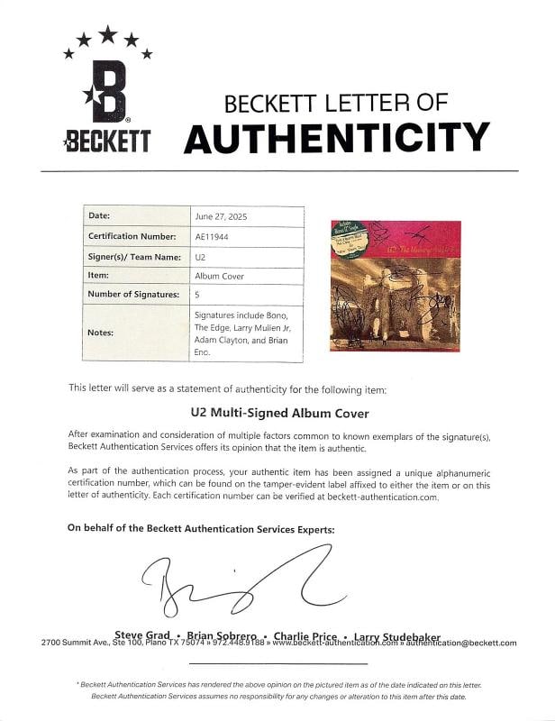 U2 (5) Bono, Edge, Mullen, Clayton & Eno Signed Album Cover w Vinyl BAS #AE11944 - 7