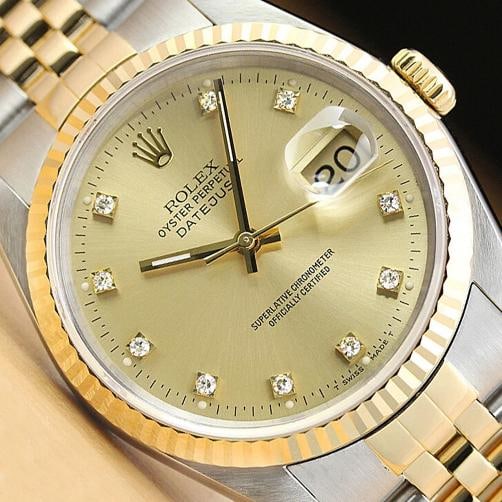 ROLEX MENS DATEJUST 16233 FACTORY DIAMOND DIAL 18K YELLOW GOLD STEEL WATCH: This is an authentic Rolex Datejust 16233 watch with original Rolex two tone 18K yellow gold and stainless steel jubilee bracelet, factory Rolex diamond dial, and Rolex 18K yellow gold fluted bezel. D