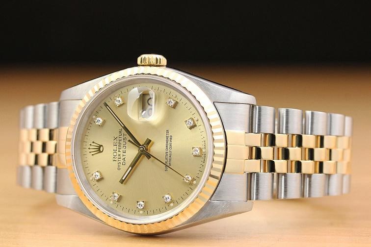 ROLEX MENS DATEJUST 16233 FACTORY DIAMOND DIAL 18K YELLOW GOLD STEEL WATCH - 2