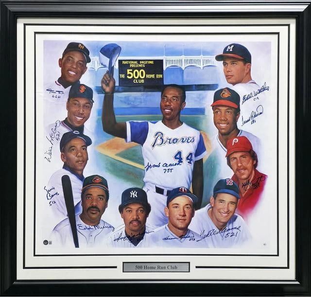500 Home Run Club Auto Framed 28x30 Photo 11 Sigs Willie Mays Hank Aaron Beckett: signed by 11 members of 500 Home Run HR Club. Signed and inscribed their respective home run totals by Willie Mays, Willie McCovey, Frank Robinson, Harmon Killebrew, Eddie Mathews, Reggie Jackson, Ern