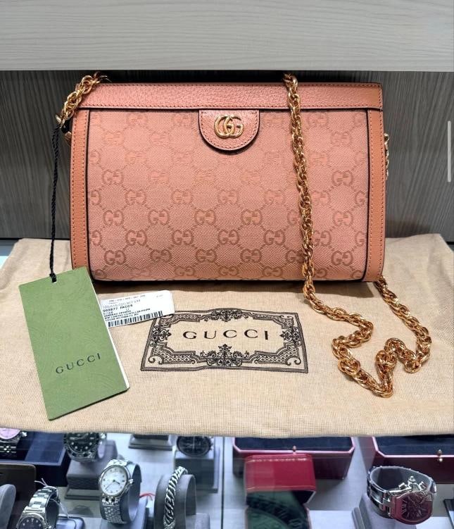 Gucci Ophidia Structured Shoulder Bag in Pink GG Canvas (Style #503877): Condition: Pre-owned - Excellent,Brand: Gucci,Accessories: Original Dust Bag,Department: Women,Exterior Color: Pink,Style: Crossbody,Exterior Material: Pink GG canvas with leather trim,Country of Orig