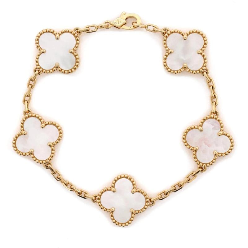 Van Cleef & Arpels Vintage Alhambra 5 Motifs Bracelet 18K Yellow Gold and Mother: Measurements: Circumference: 6.75 ", Width: 14.95 mm . Condition: Pre-owned - Good,Brand: Van Cleef & Arpels,Main Stone: Unknown,Metal: 18K Yellow Gold,Metal Purity: 18K,Style: Bracelet,Type: Bracelet