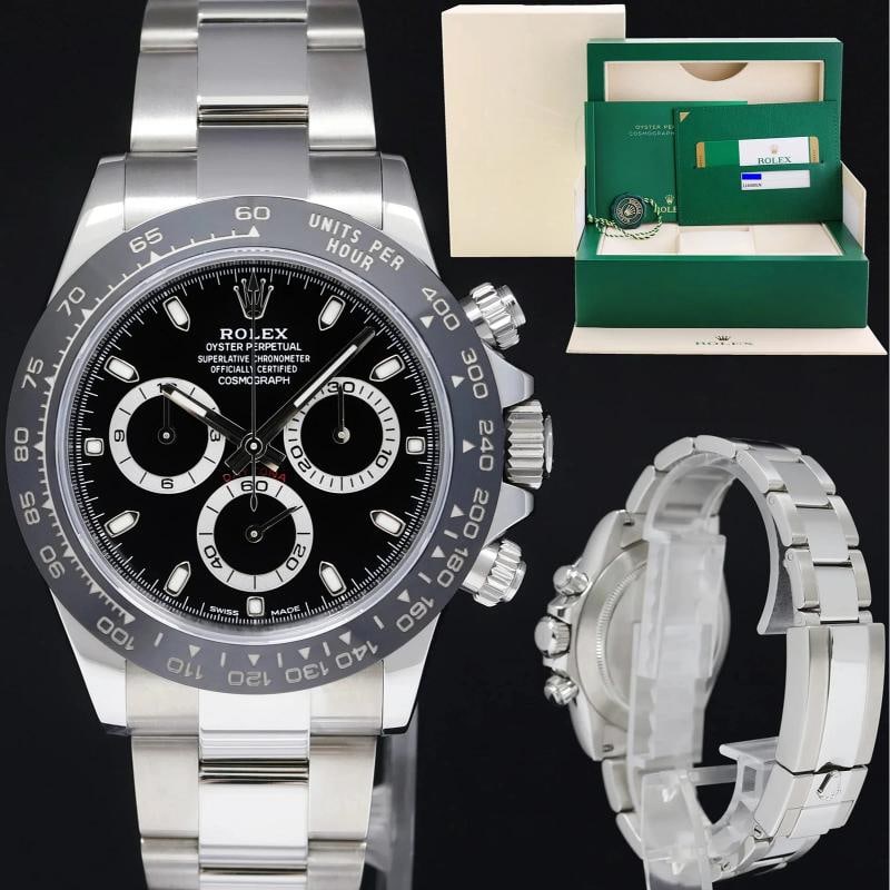 MINT PAPERS Rolex Daytona 116500LN Black Ceramic Steel 40mm Watch Box: Case & Dial Case Material: Rolex Stainless Steel Case Size: 40mm Bezel: Rolex Black Ceramic Crystal: Rolex Sapphire Dial: Rolex Black Movement & Bracelet Movement: Rolex Automatic Bracelet Design: Rol