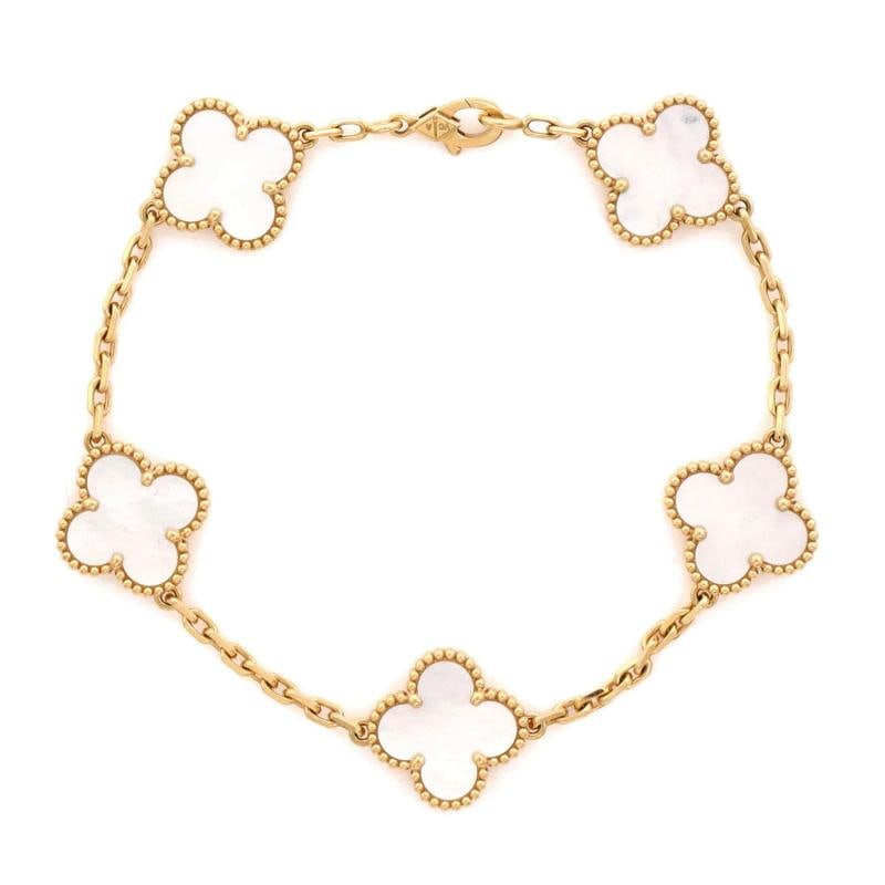 Van Cleef & Arpels Vintage Alhambra 5 Motifs Bracelet 18K Yellow Gold and Mother: Measurements: Circumference: 7.50 ", Width: 14.90 mm . Condition: Pre-owned - Good,Brand: Van Cleef & Arpels,Main Stone: Unknown,Metal: 18K Yellow Gold,Metal Purity: 18K,Style: Bracelet,Type: Bracelet