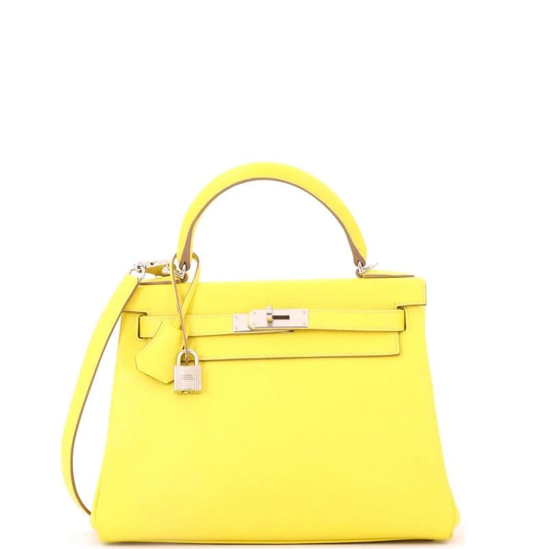 Hermes Kelly Handbag Yellow Evercolor with Palladium Hardware 28: Accessories: Clochette, Keys, Lock, Dust Bag, With Strap Measurements: Height 8.5", Width 11", Depth 4". Condition: Pre-owned - Excellent,Brand: Hermes,Exterior Material: Leather,Style: Top