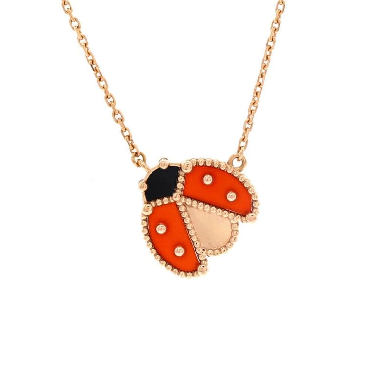 Van Cleef & Arpels Lucky Spring Open Wings Ladybug Pendant Necklace 18K Rose: Measurements: Length: 15.0 - 16.5 ", Pendant Length: 16.80 mm, Pendant Width: 17.85 mm . Condition: Pre-owned - Good,Brand: Van Cleef & Arpels,Main Stone: Onyx,Metal: 18K Rose Gold,Metal Purity: