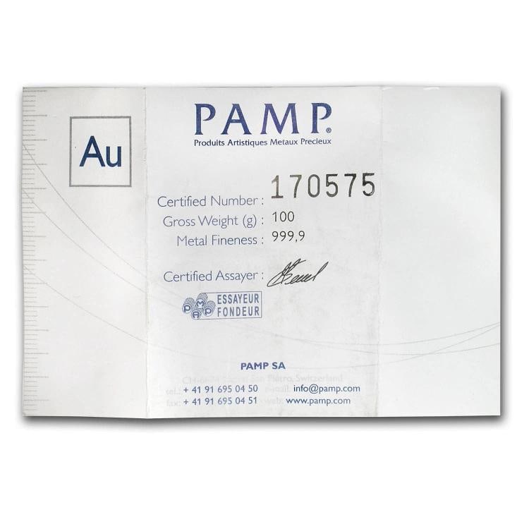 100 gram Gold Bar - PAMP Suisse (Cast, w/Assay) - 3